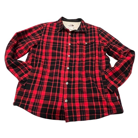 North Face Flannel Fleece Campfire Shacket, Red Black Plaid, L - Picture 2 of 11